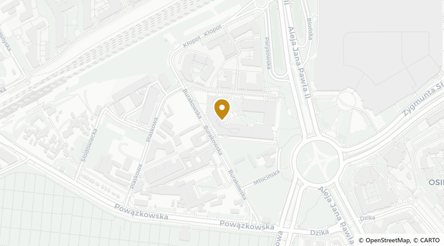 Mapa okolicy Forest Tower — Burakowska 14, Warszawa. Dane mapy: OpenStreetMap.