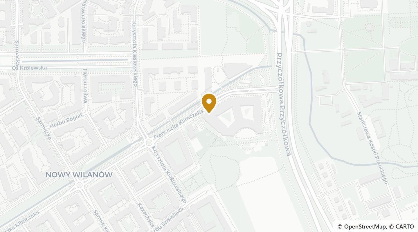 Mapa okolicy Royal Wilanów — Klimczaka 1, Warszawa. Dane mapy: OpenStreetMap.