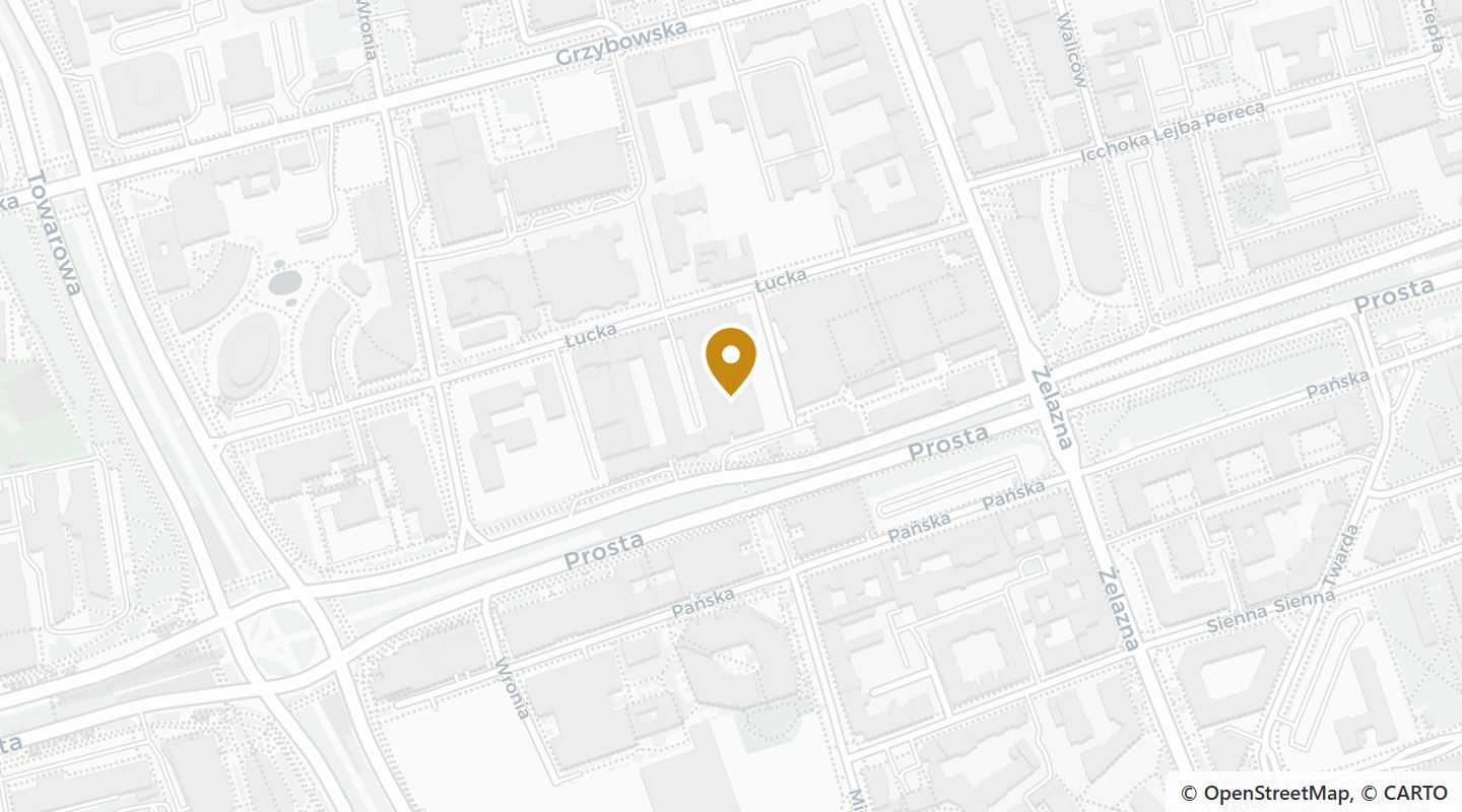 Mapa okolicy Studio A — ul. Prosta 28, Warszawa. Dane mapy: OpenStreetMap.
