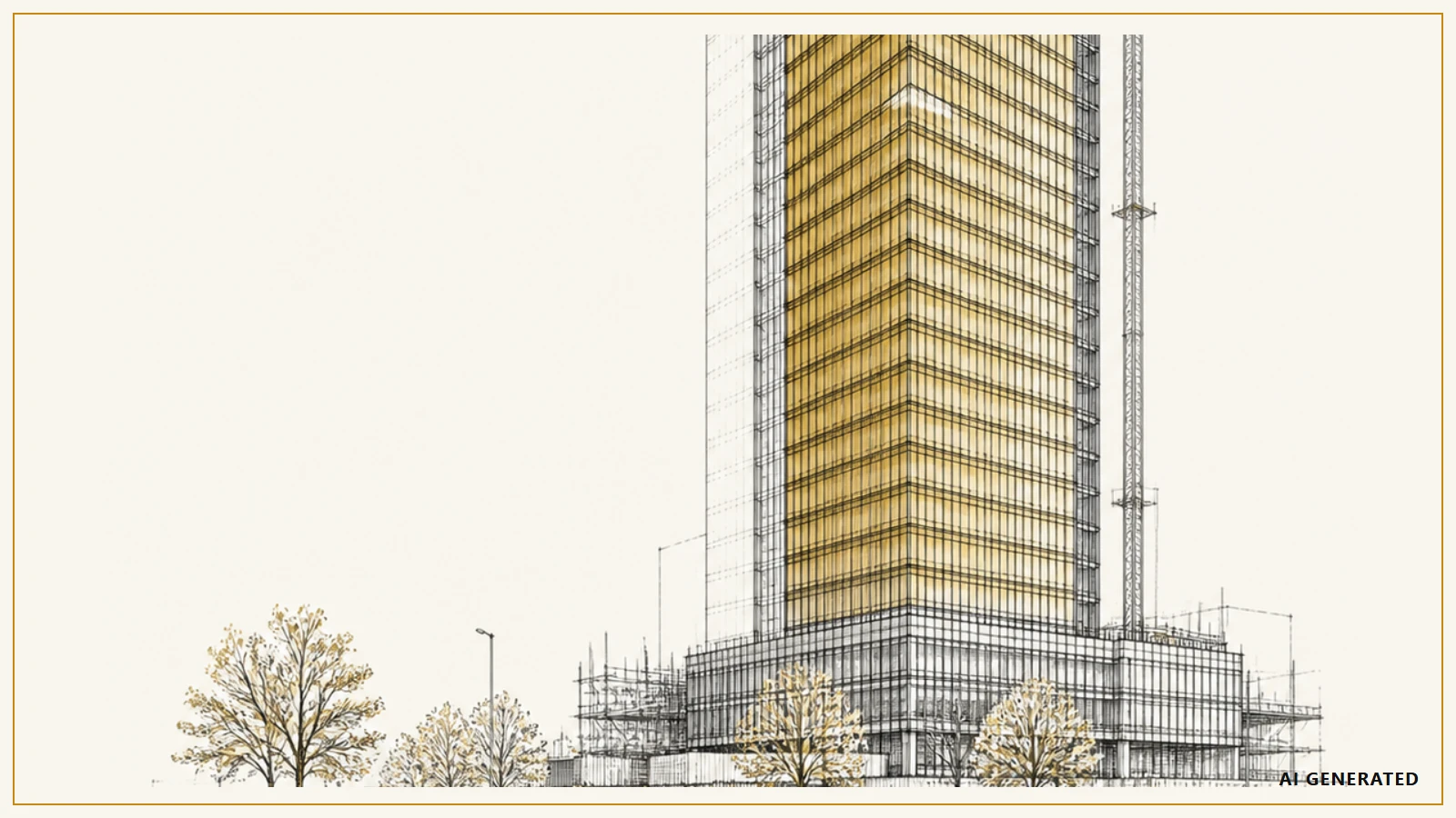 Rysunek redakcyjny: neutralna wieża biurowa w budowie, w stylu architektonicznego line-artu